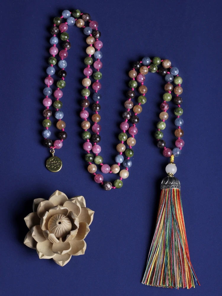 

Japamala 108 necklace Meditation Yoga Jewelry 108 Mala Rosary,Beads Knotted Japamala Necklace Tourmaline Colorful bead tassel