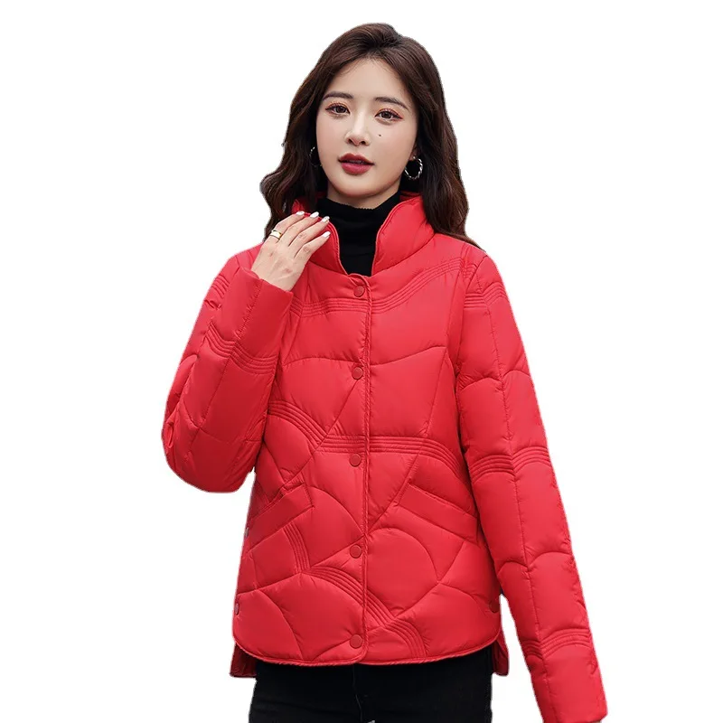 2022 Embossed Down Padded Jacket Women Short Fashion Stand Collar Lightweight Padded Warm Coat