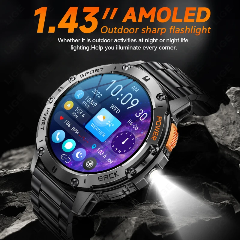 LIGE новые умные часы для мужчин 1 43-дюймовый AMOLED-экран Bluetooth-фонарик вызова 530 мАч