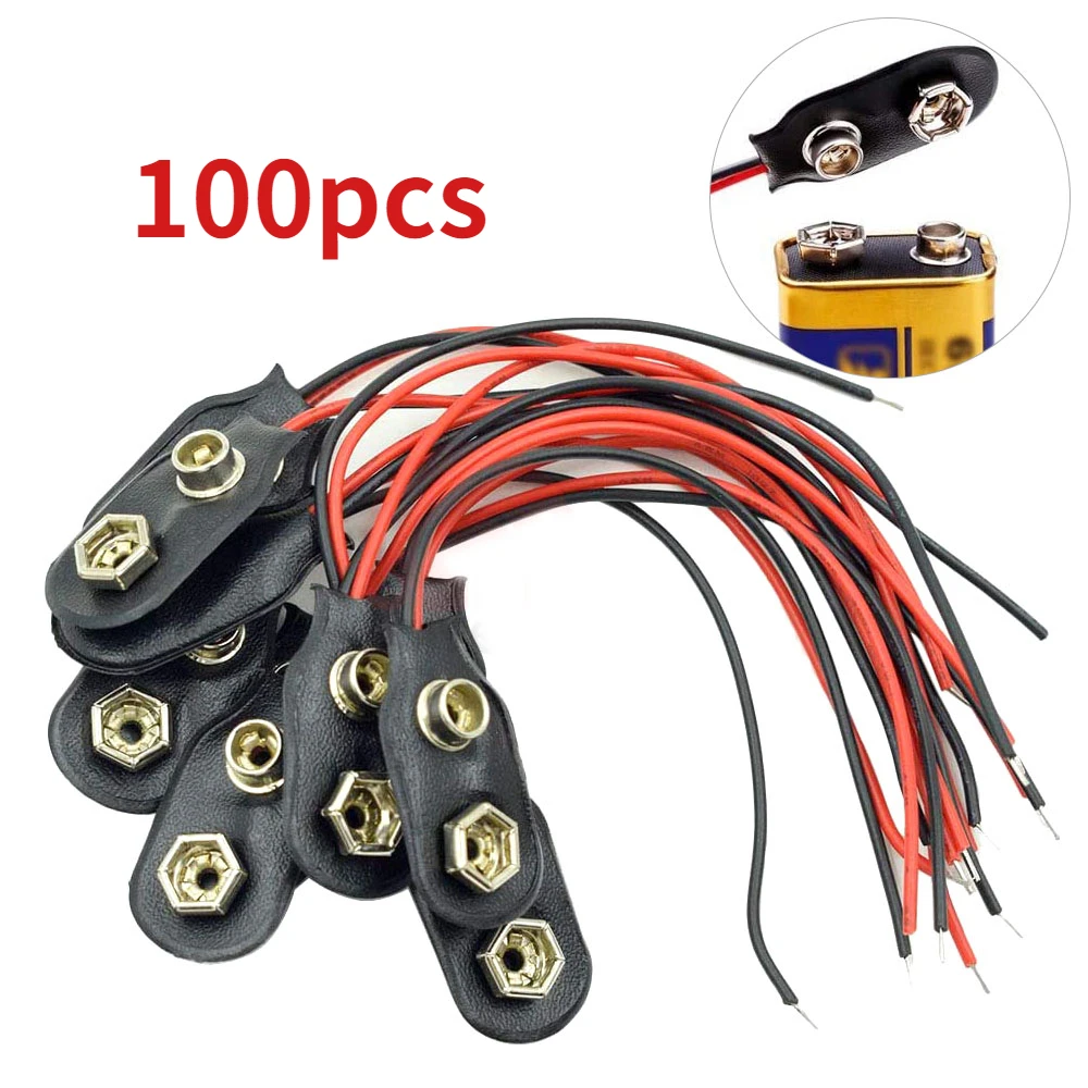 

100PC I Type 9V Clip-on Battery Connector Leather Shell Black Red Wired 9 Volt Battery Clip Connector Battery Holder For Arduino