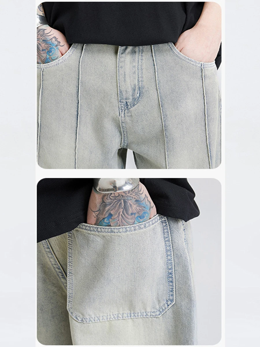 Four Seasons Men's Jeans American High Street Yellowing Ins Loose Stitching Wide Leg Pants Fashion Streetwear Ins Hot Sale JEANS