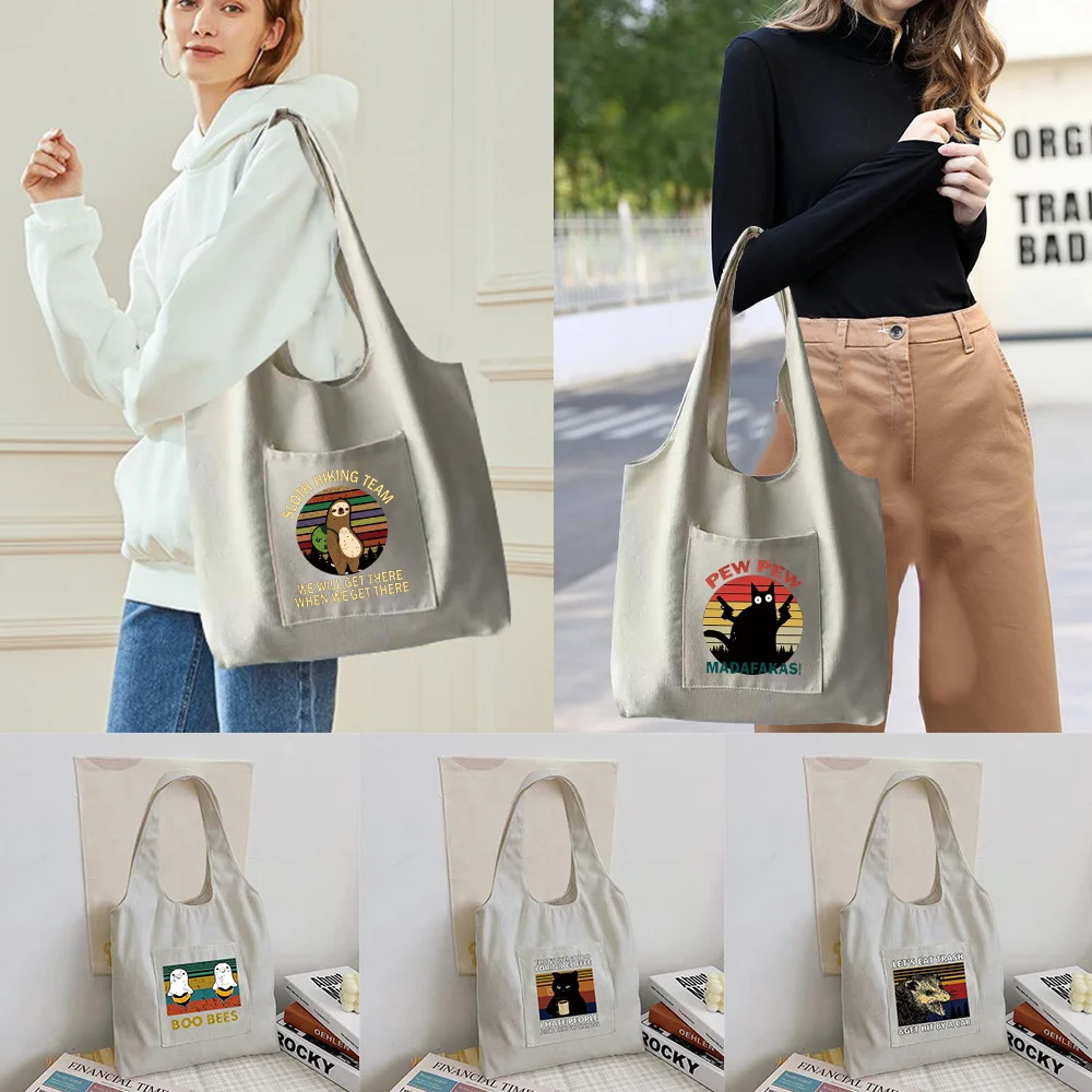 

Women Shopper Organizer Bag Canvas Tote Bag Fashion Pew Print Shoulder Bag Reusable Supermarket Tote Shopping Bag Casual