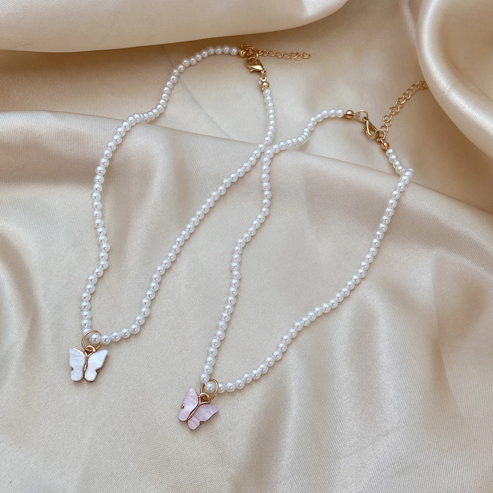 

Ladies Pearl Necklace Butterfly Pendant Neck Jewelry For Women