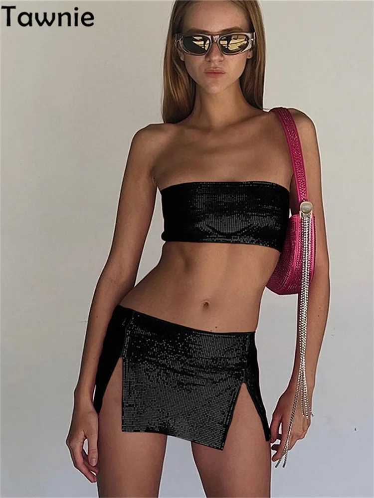 

Женский блестящий костюм-двойка Tawnie, летний трендовый Топ без бретелек и юбка с разрезом, облегающая уличная одежда, 2023