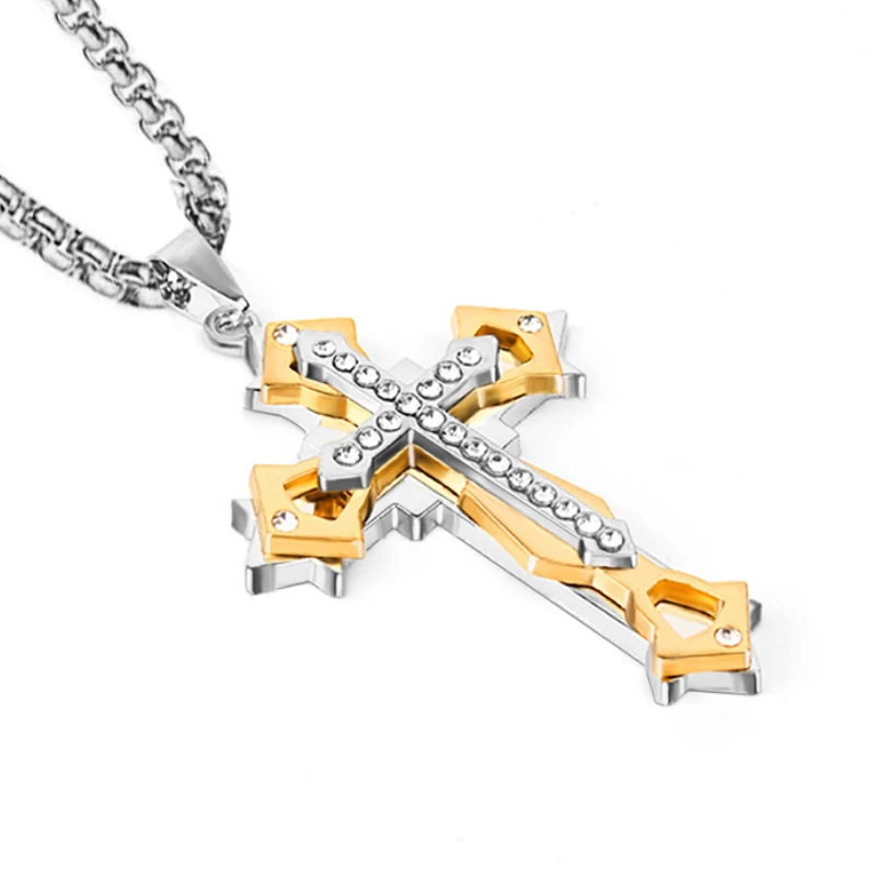 

Hip Hop Cross Necklaces for Men Zircon Inlaid Pendant Long Stainless Steel Chains Punk Man's Sweater Choker Fashion Jewelry
