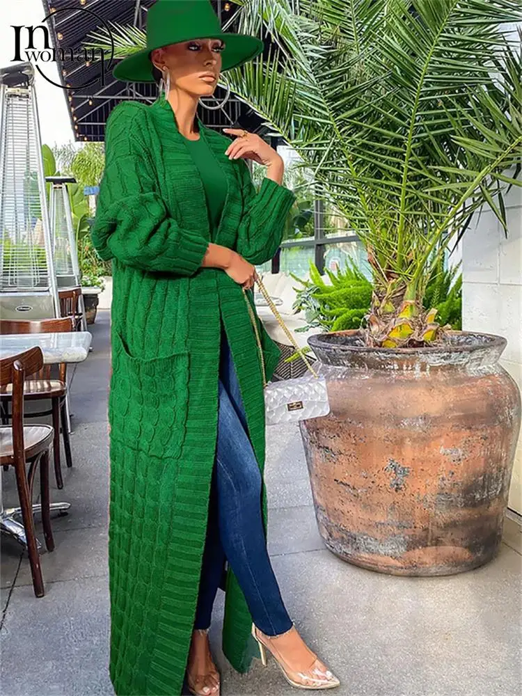 

Inwoman Autumn Sexy Solid Knit Loose Cardigan Casual Outfit Women 2022 Long Sleeve Open Stitch Pocket Long Jacket Female Sweater