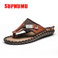 supnumu handmade genuine leather shoes cow men casual shoes beach flip flops sneakers summer outdoor footwear male flat sandals