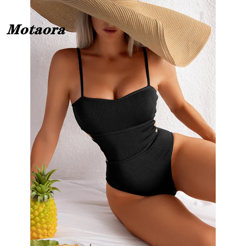 

New Ribbed Swimsuit Women Sexy One Piece Bikini Set Hollow Out Swimwear Female Summer Beachwear Solid Color Biquini Bathing Suit