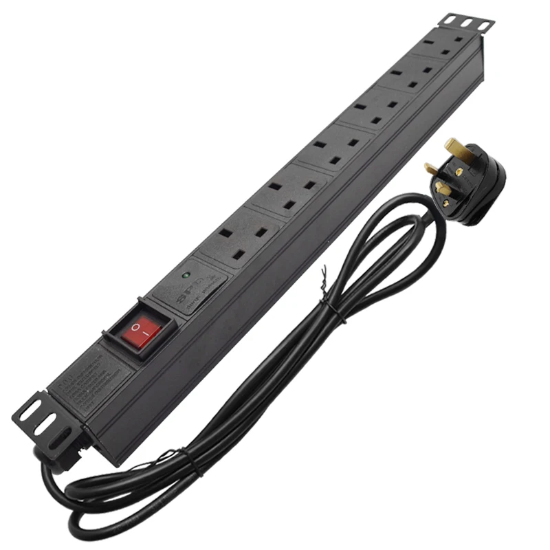 

19Inch Network Cabinet Power Strip 6 UK Socket Surge protector 3500W 2Meter Extension Cord