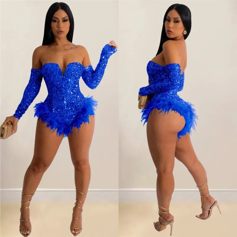 

Mini Body Showing Popular Spot European And American Fashion Women's Solid Color Beaded Long Sleeve Shorts Jumpsuit Women