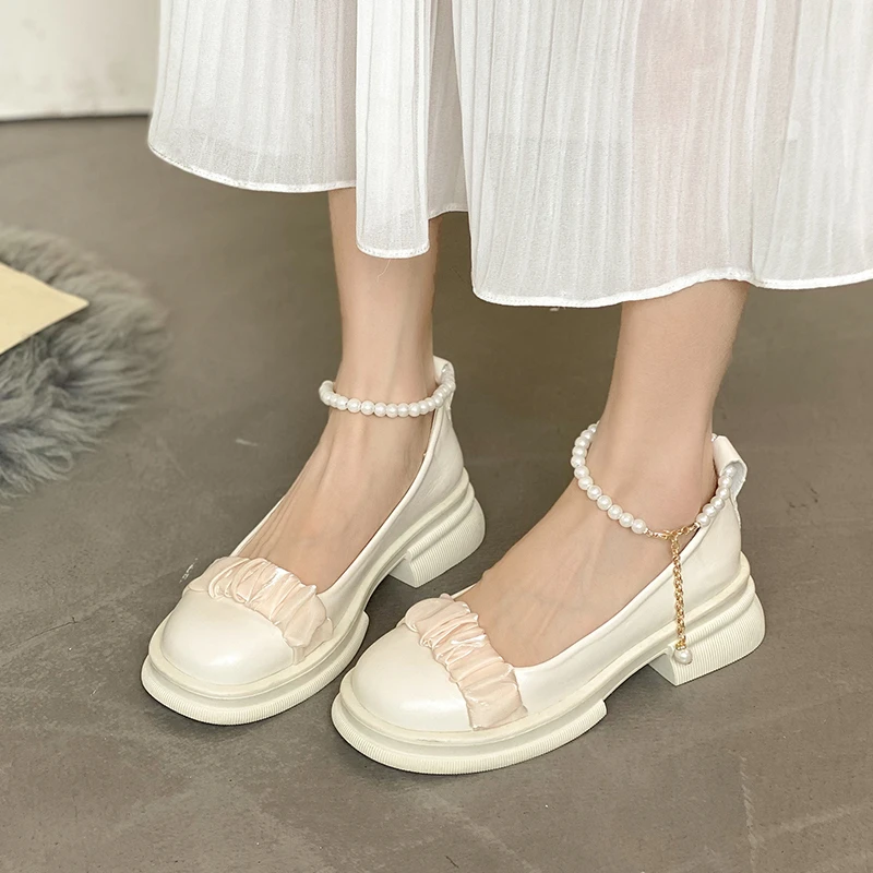 

Women's Low-top Shoes New Summer Fashion Pearl Baotou Thick Heel Casual Mary Jane Shoes Word Buckle Loafers Small Leather Shoes