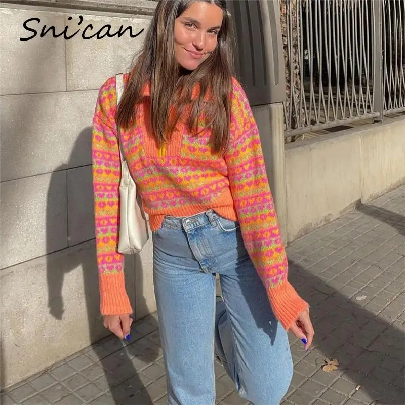 

Za Orange Striped Sweater Women Spring Fashion Zipper Fly Oversize Casual Knitted Pullover Femme Vetement Truien Outwear 2022