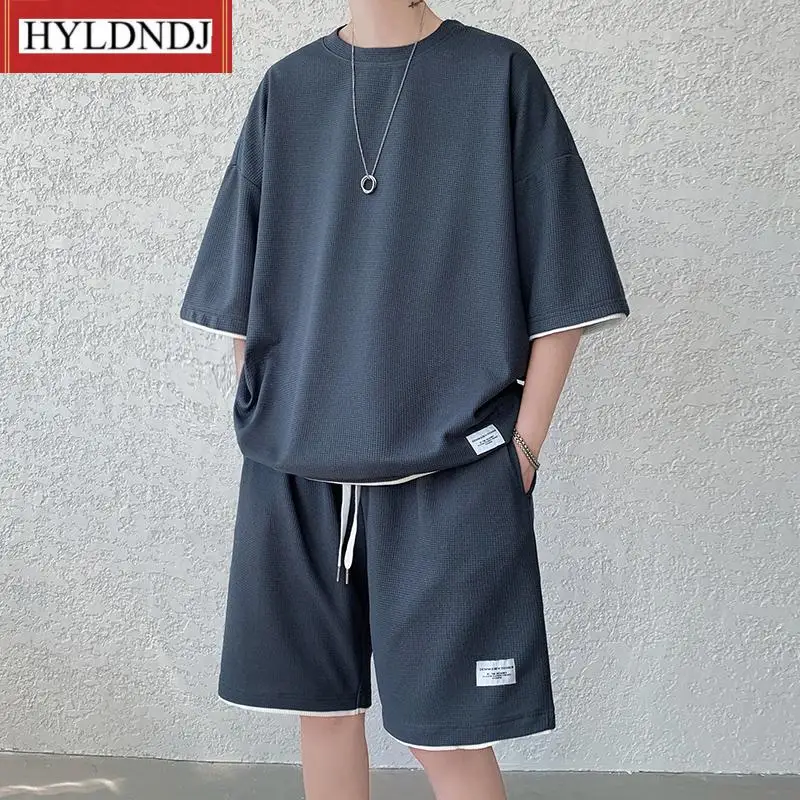 Men's Sets Simple Short Summer Waffle Casual Set Clothing Loose O-Neck T Shirts and Shorts Home Streetwear Colors Plus Size 4Xl