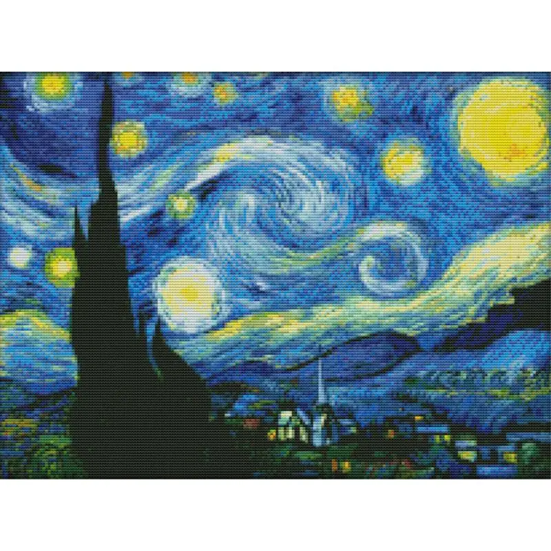 

Van Gogh's Starry Sky Art Scenery Cross Stitch Kits 14/16/11CT Canvas Printed Needlework Set DIY Embroidery Home Decor Wall Art