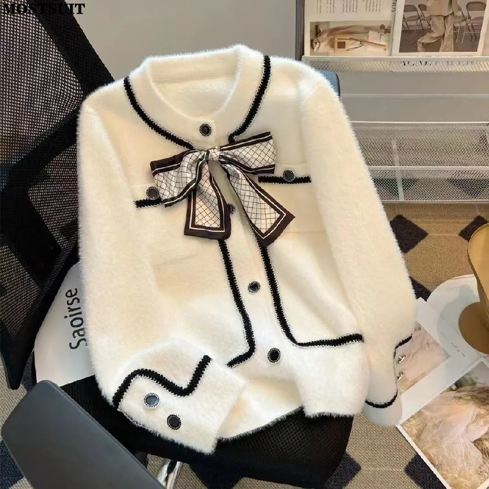 Белый норковый вязаный кардиган свитер женские пальто топы с галстуком-бабочкой
