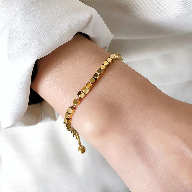 

Gold Beads Bracelet Fashion Simple Stainless Steel Square Bracelets For Women Trendy Personalized Classic Punk Jewelry