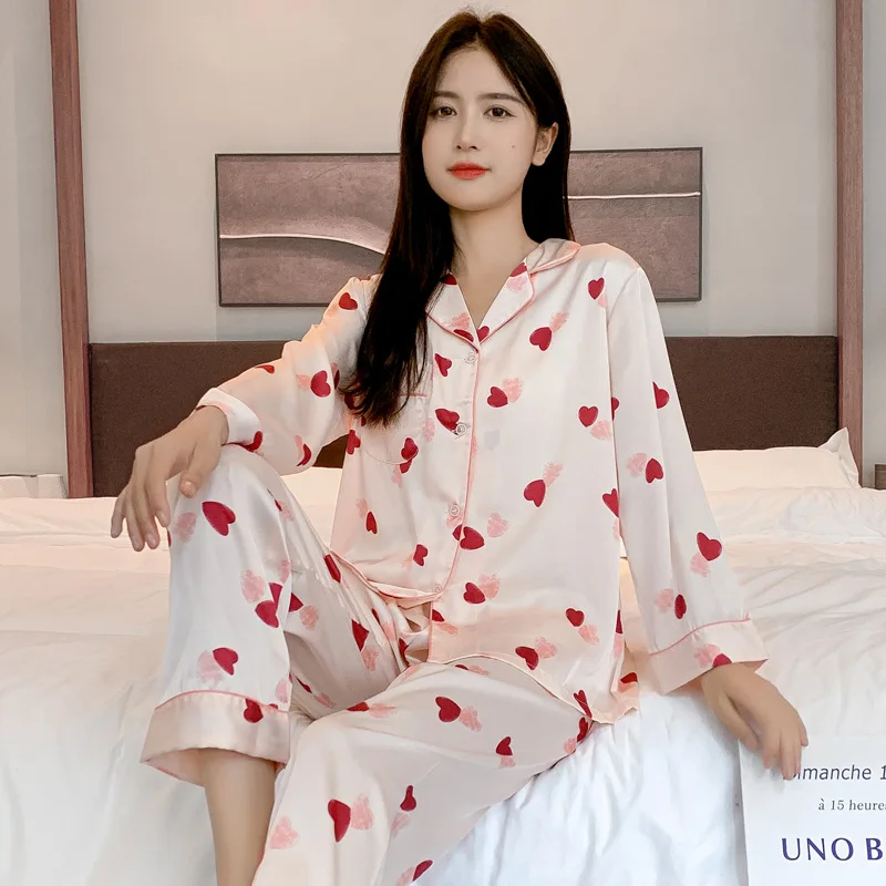 Pajamas for Women Spring and Summer Love Heart Print Thin Long-sleeve Cardigan Trousers Silk Casual Sleepwear Suit with Lapel