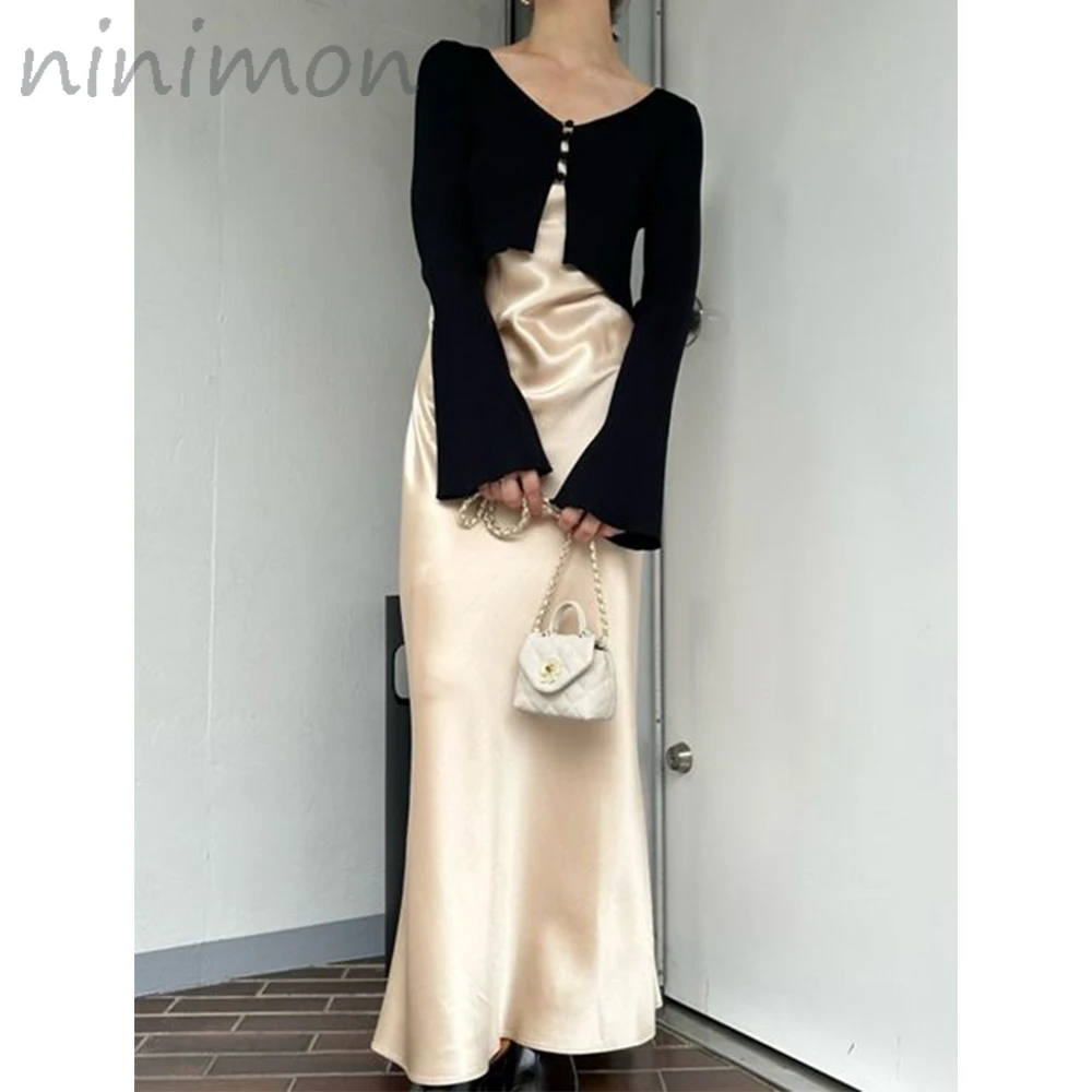 

NINIMON Glossy Satin Halter Dress + Flared Sleeve Knit Cardigan Set Commuter Lady Elegant Halter Dress with Jumper Suits