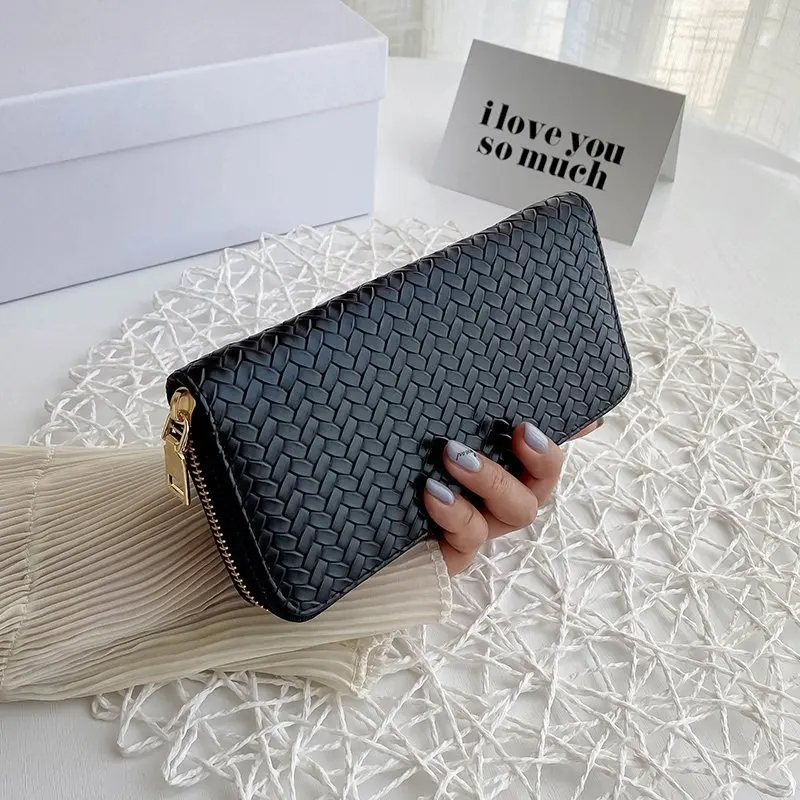 Women Weave Wallet Leather Wrist Handle Phone Case Long Section Money Pocket Pouch Handbag Women Purse Card Holder Wallet