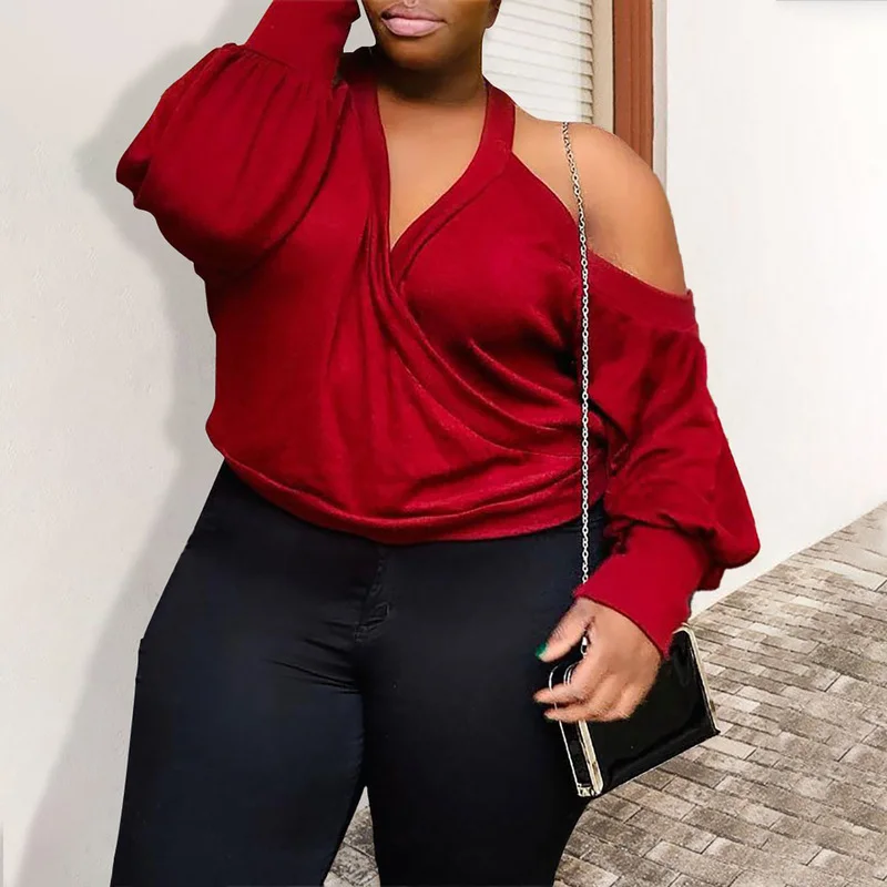 

2021 Summer Plus Size T-shirts Fashion Casual Tops Sexy Loose Cross Collar Bating Sleeve Off Shoulder Solid Color Women Clothes