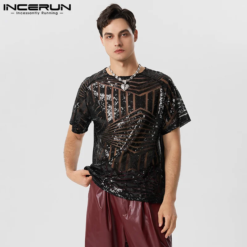 

INCERUN Tops 2023 American Style New Mens Sparkling Bead T-Shirts Casual Fashion Hot Sale Male Loose Short Sleeve Camiseta S-5XL