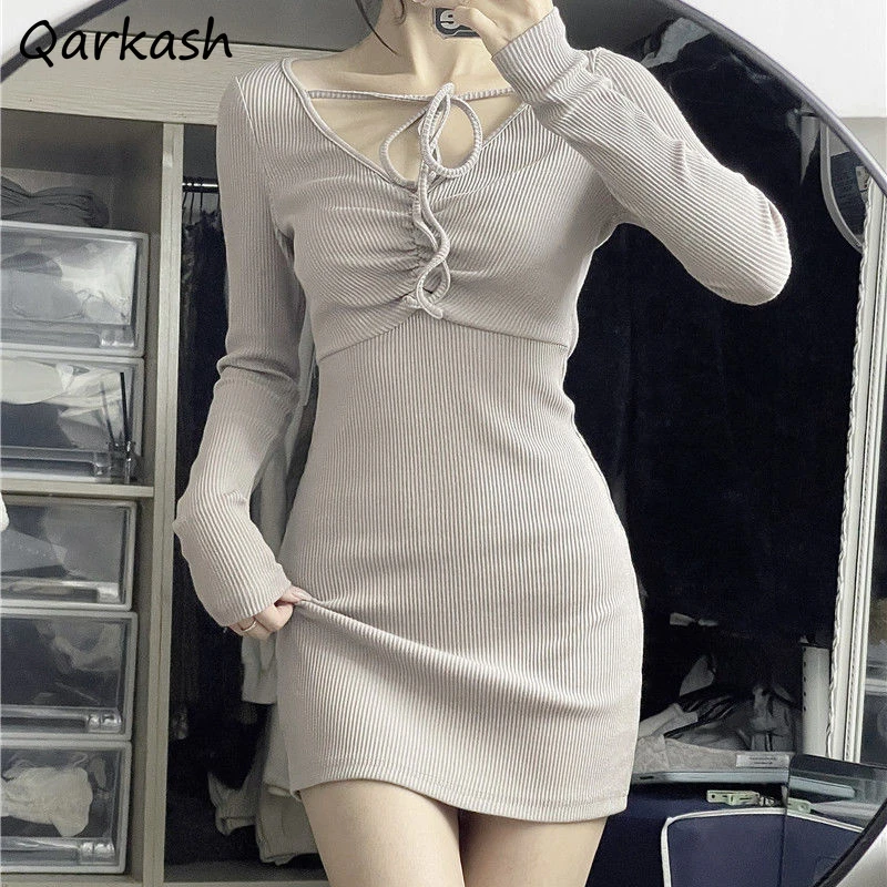 

Dresses Women Sexy Knitting Aesthetic Mini Inside Stretchy Tender Long Sleeve Basic Casual Fit Korean Club Ladies Vestidos Pure
