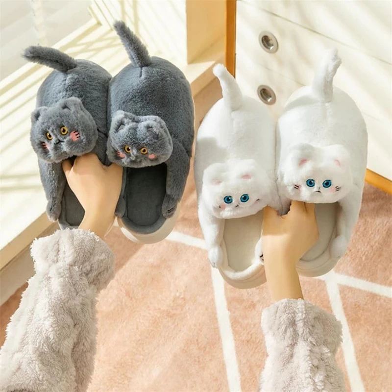Winter Home Slippers Cute Hug Cat Slippers Soft Sole Cotton Slippers Men Women Winter Warm Floor Slippers Funny Indoor Slippers