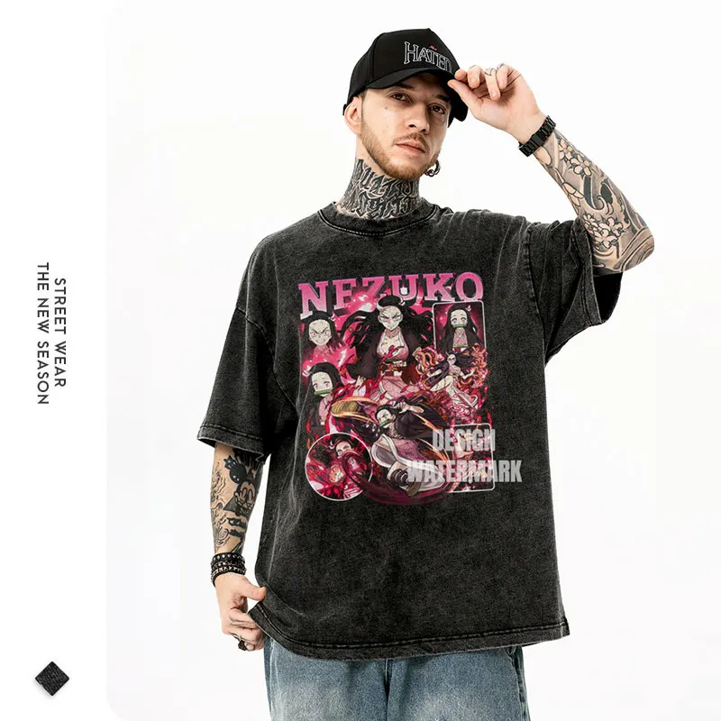 Футболка Nezuko мужская оверсайз винтажная промытая аниме-футболка с коротким