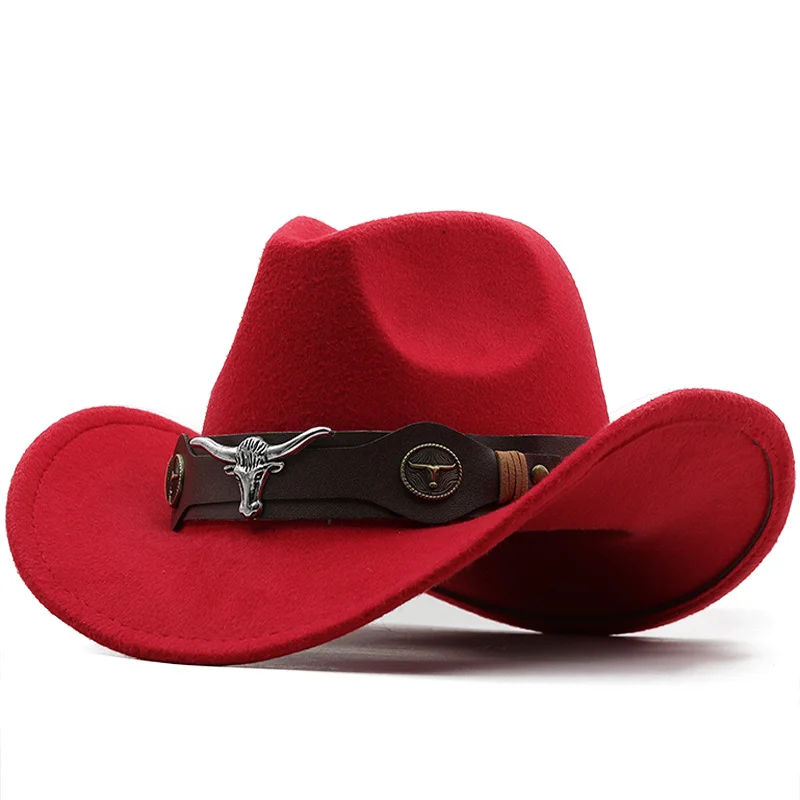 

Simple Wome Men Red Wool Chapeu Western Cowboy Hat Gentleman Jazz Sombrero Hombre Cap Dad Cowgirl Hats Size 56-58cm