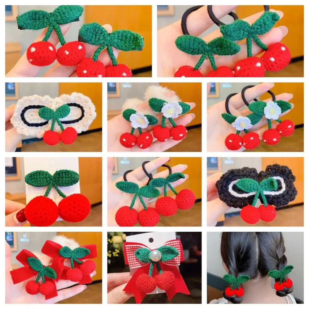 

Crochet Children Red Cherry Headdress Rubber Band Knitted Elastic Princess Hair Accessories Woolen Hair Rope New Year