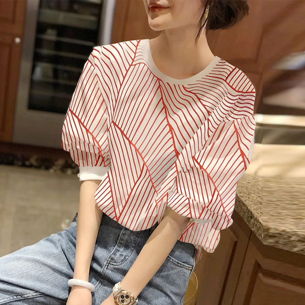 Red Striped Blouses Ladies Summer Thin Short-sleeved Shirts Puff Sleeve New Sleeve Loose 2022 New Style Women Tops Round Neck