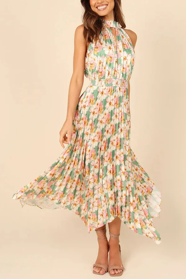 

2023 Summer Fashion Boho Dress Women Sexy Mini Floral Print Dress Female Sleeveless Hanging Printed Waist Folded Irregular Dress