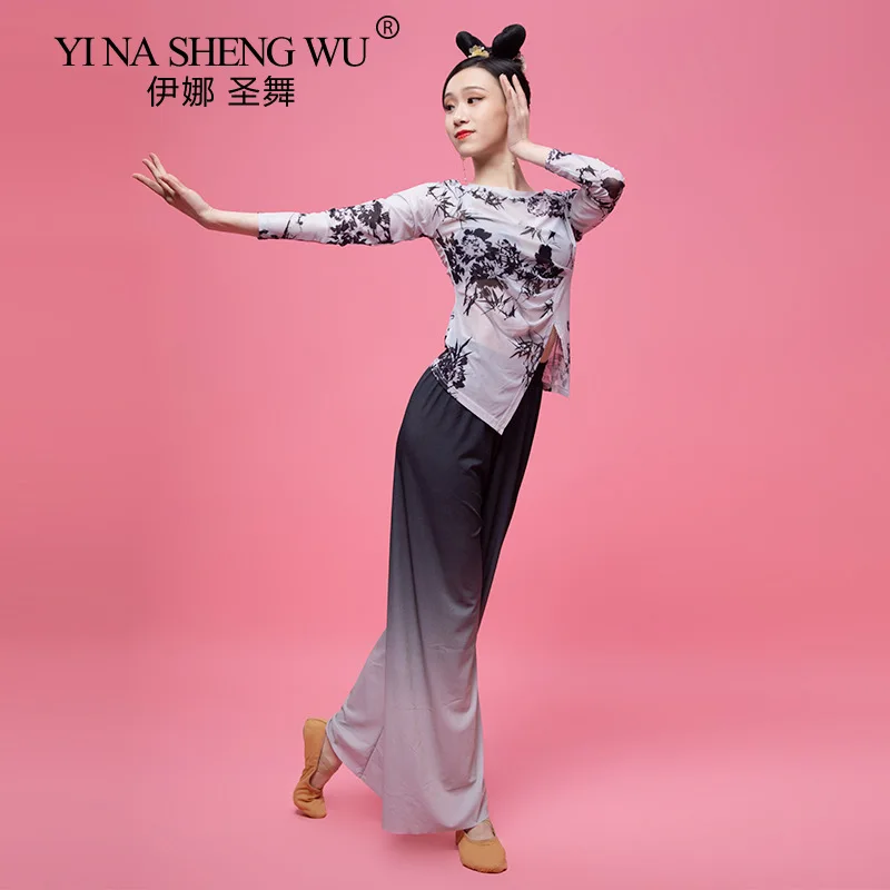 

Classical Dance Costume Long Sleeve Top Women Professional Practice Clothes Gradient Color Pants Classical Dance Printed Shirts