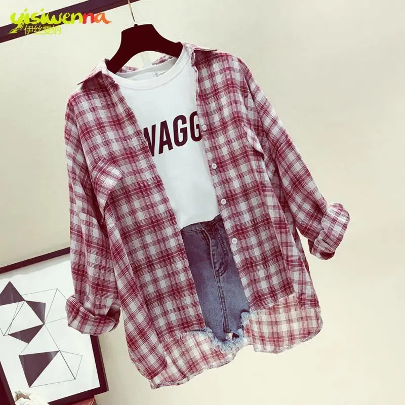 Блузка женская клетчатая рубашка с длинным рукавом мешковатая куртка блузы