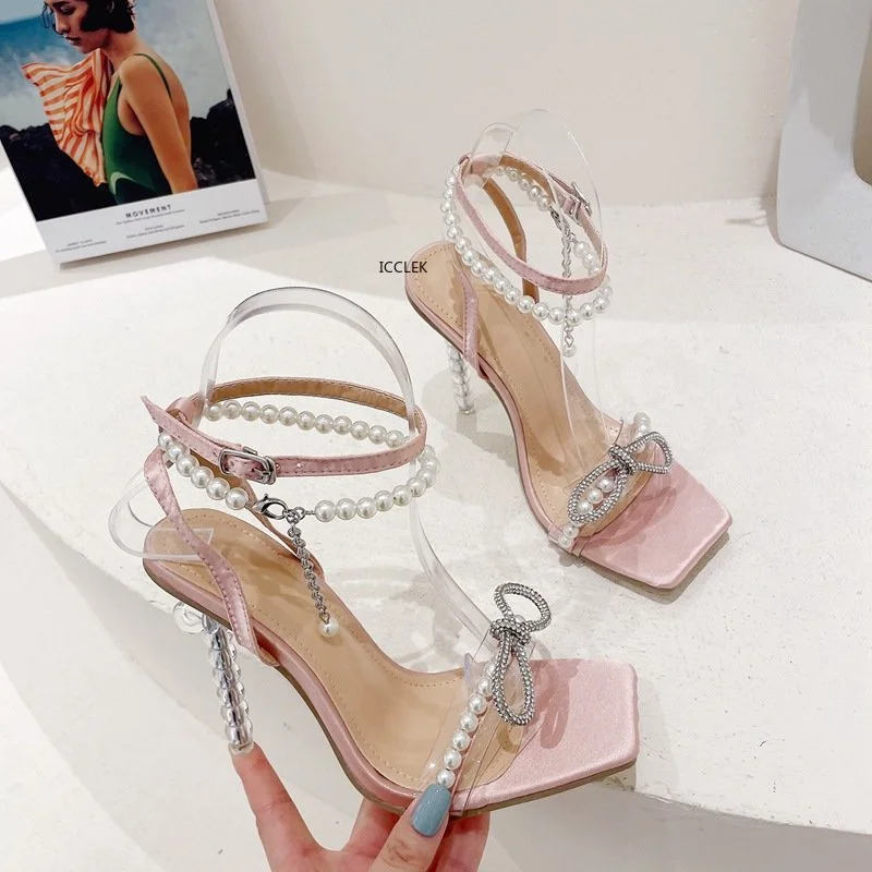 

Butterfly-knot String Bead Women Sandals Sexy Transparent Thin Heels 2023 New Summer Pumps Buckles Party Dress shoes