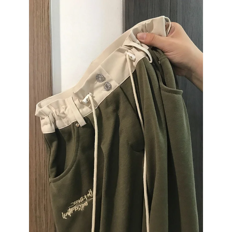 

Модные прямые брюки в Корейском стиле армейского зеленого цвета, винтажные широкие брюки с высокой талией, повседневные уличные мешковатые брюки, женские летние брюки