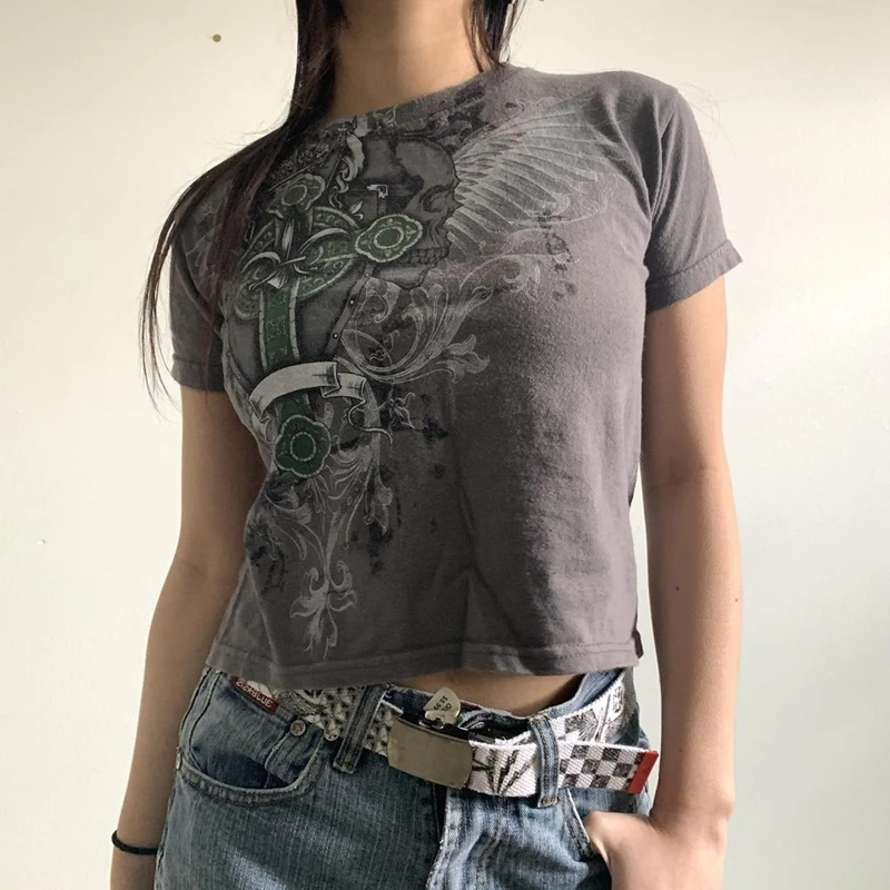 Детские футболки Mall Goth Y2K с принтом черепа и перекрестной графикой облегающая