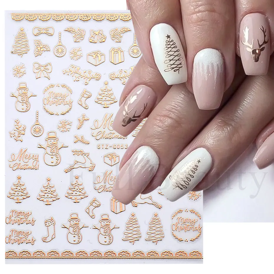 1pcs Rose Gold Holographic Christmas Nail Art Stickers Snowman Elk Tree Self Adhesive Sliders Winter 3D Nail Decals LASTZ-G053