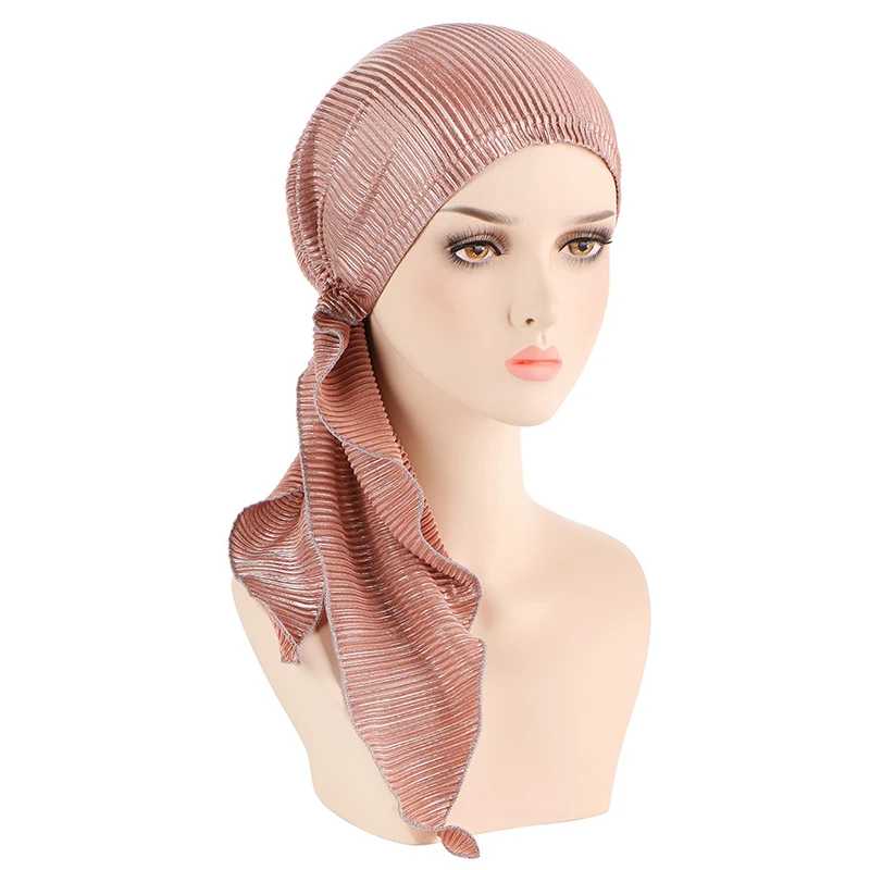 

Baotou Cap with Tails women Muslim caps Drawn Hat Pullover Cap Hijabs Hats Turban Head Hot Silver Curved Pleated Solid Color cap