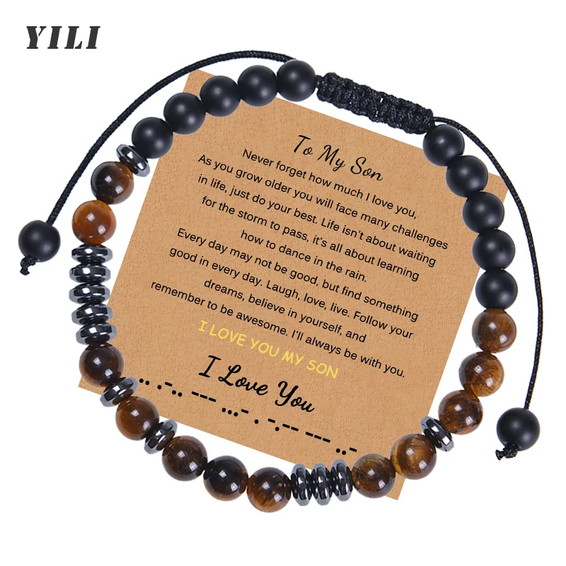 

Morse Code Bracelet for Men 6MM Tiger Eye Stone To My Son Bracelet Adjustable I Love You Morse Code Bracelets with Greeting Card