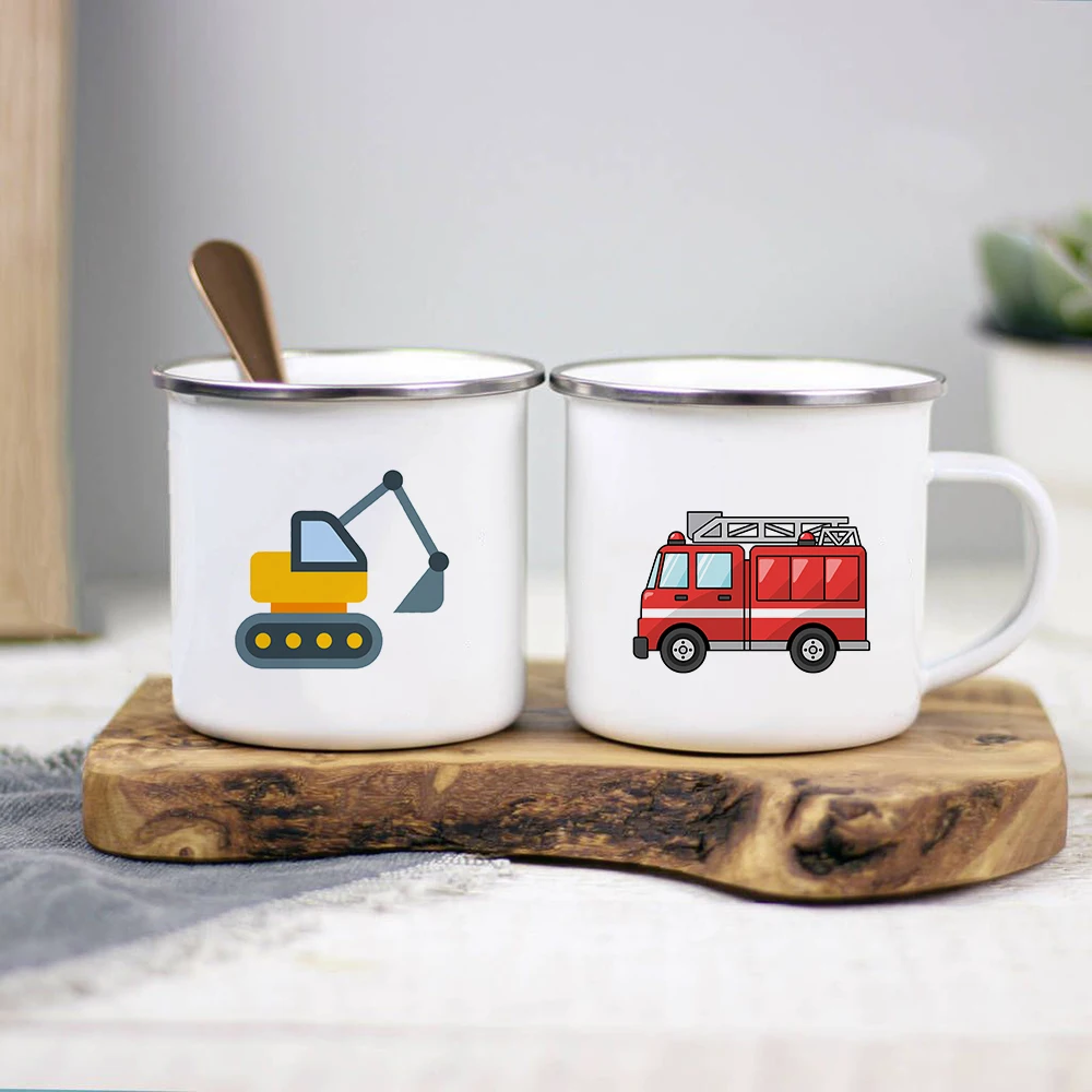 

Cartoon Car Print Enamel Coffee Tea Mugs Fire Truck Tumblers Home Party Drink Juice Cups Sibling Home Water Mug Drinkware