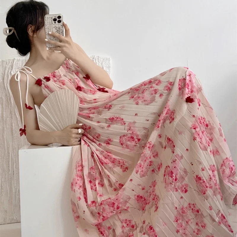 

Chiffon floral V-neck fishtail dress neck hanging dress for female summer 2022