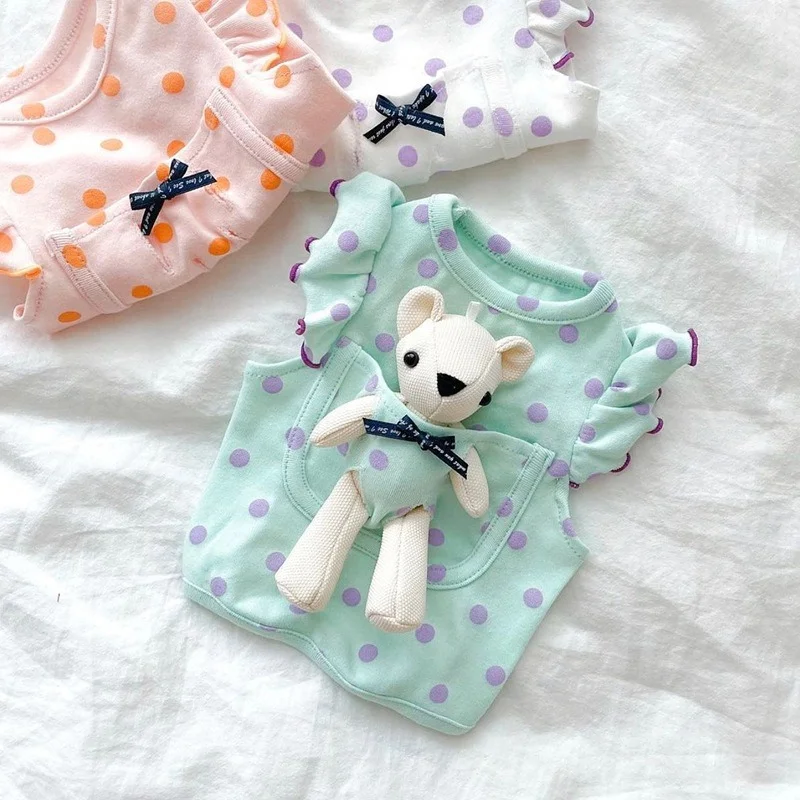 

Cute Pocket Polar Bear Polka Dot Dog Clothes Doll Vest Pet Clothing Teddy Bear French Bullfight Cartoon Print Summer Pet Clothes