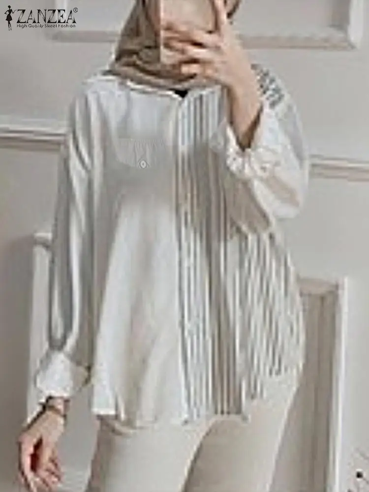 

ZANZEA Bohemian Spring Muslim Stripe Printed Women Blouse Lapel Full Sleeve Tops Fashion Casual Elegant Holiday Party Shirt 2022