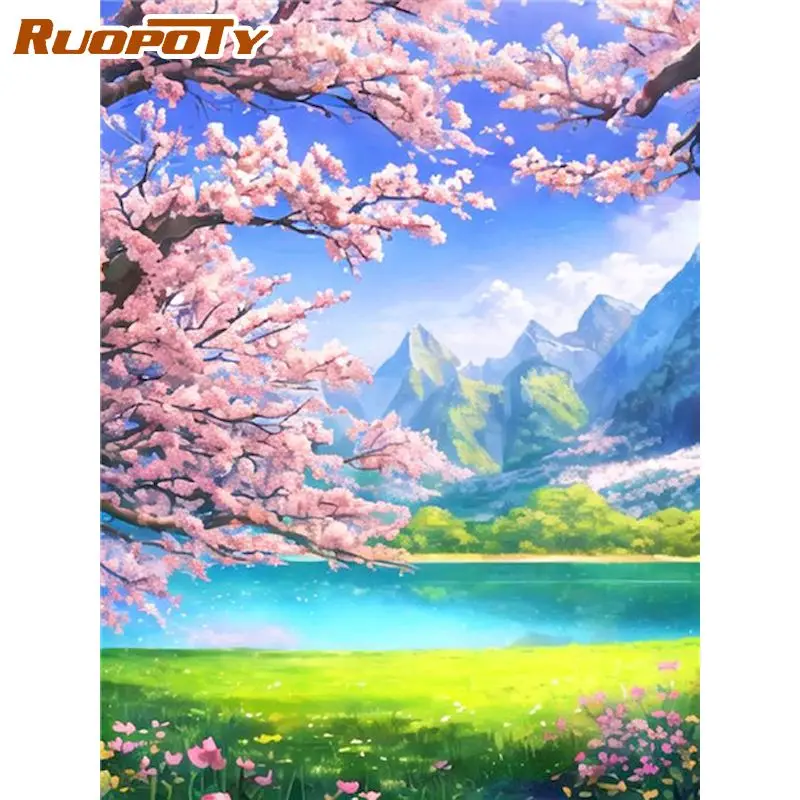 

RUOPOTY Oil Paint By Numbers Pink Peach Trees For Adults Friends Kill Time Painting By Number Plant Painting Wall Art