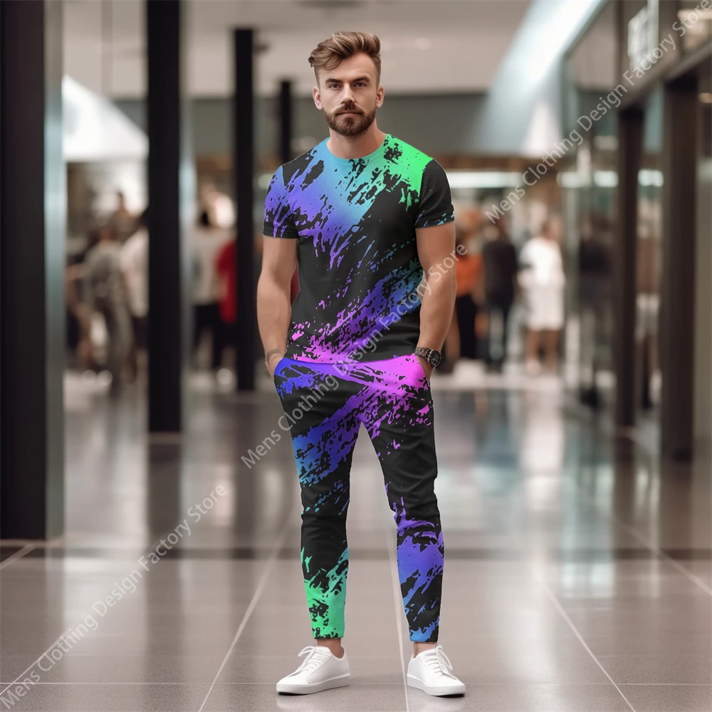 2023 New Men Short Sleeve T-Shirt+Pants Gradient 3D Print Two Piece Sets Tracksuit Men Fashion Casual Streetwear T Shirt For Men