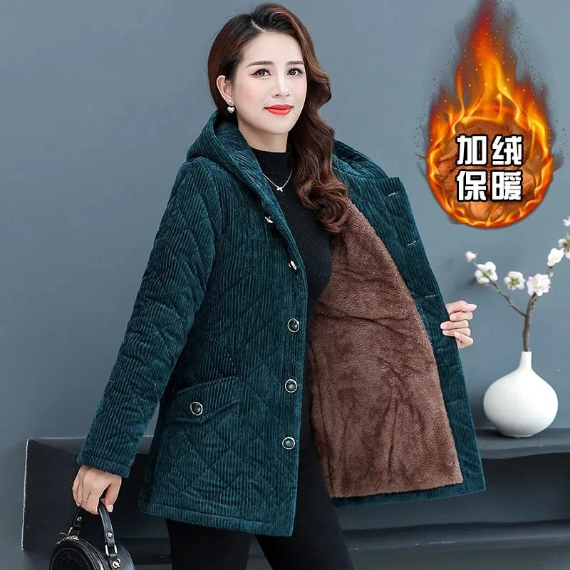Parkas Women 2022 Winter New Fleece Thicke Corduroy Outerwear Cotton Jacket Female Hooded Padded Coat Clothes Basic Coats