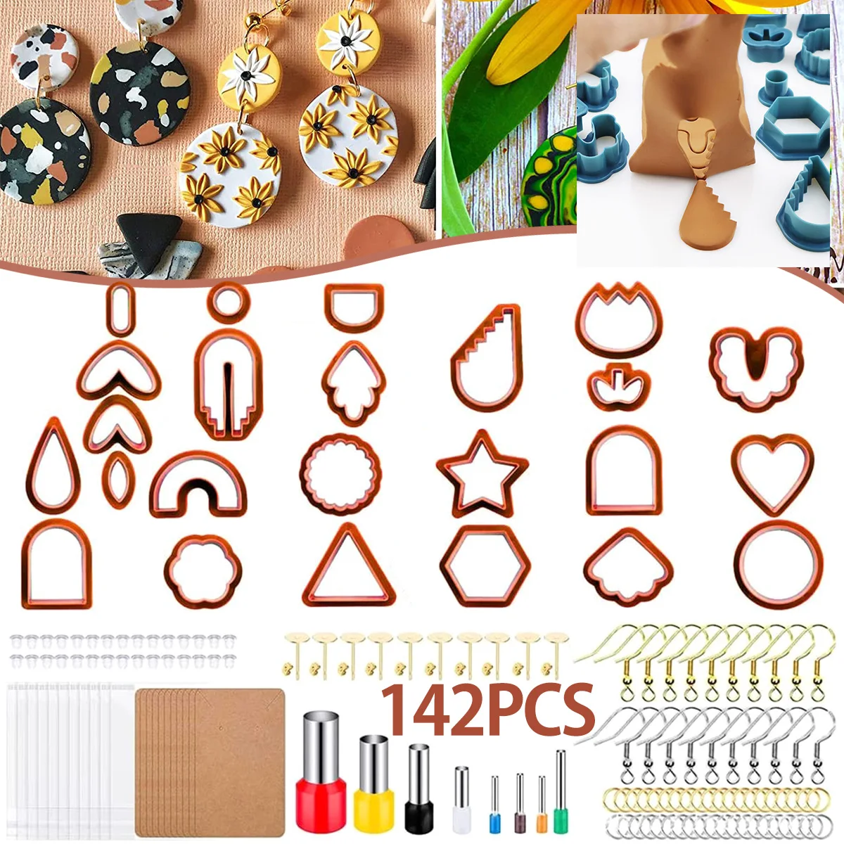 

142Pcs Clay Cutters Set Polymer Clay Cutters Set with 24 Shapes Stainless Steel Clay Earring Cutters with Earring Accessories