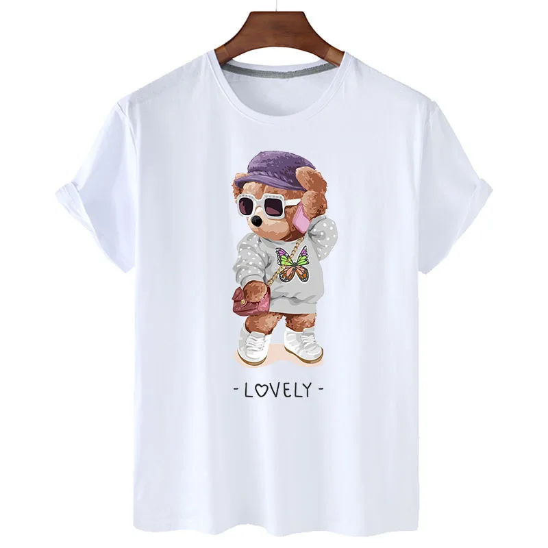 Купи 100% Cotton Fashion Bear Print Shirt Short Sleeve O Neck Loose T Shirt Women's Summer Plus Size T Shirt Men's And Women's S-4XL за 413 рублей в магазине AliExpress