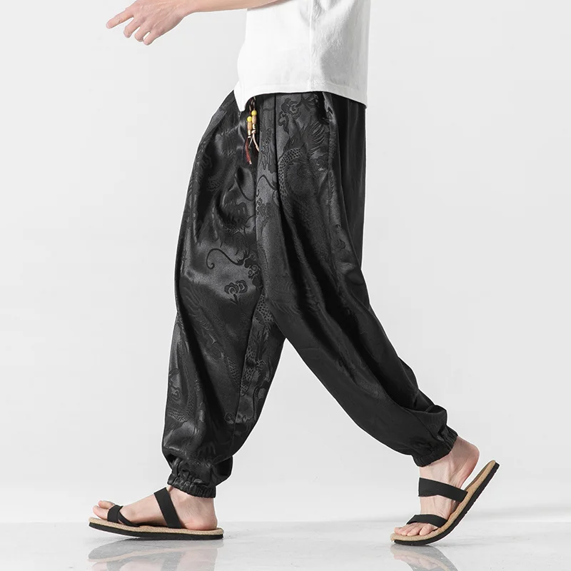 

MrGB Ice Silk Men's Chinese Style Harem Pants Dragon Graphic Drawstring Loose Pants Vintage Elastic Waist Male 5XL Trousers